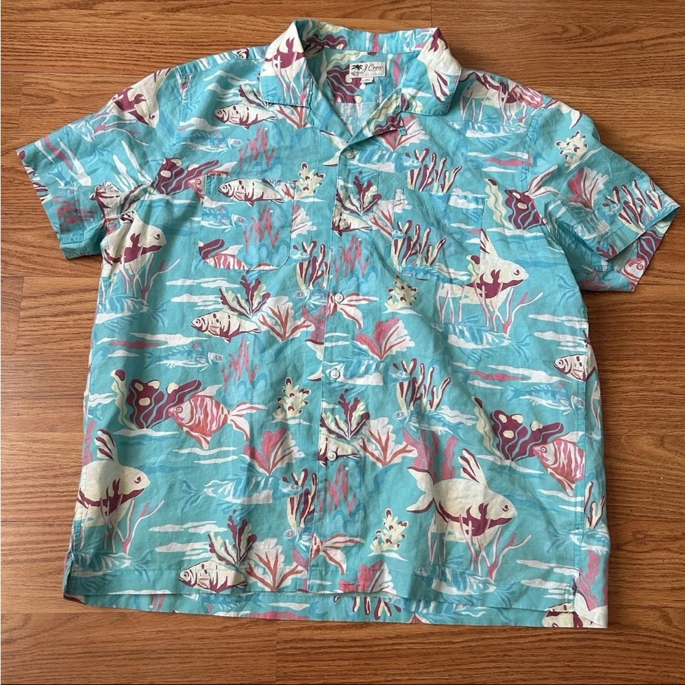 J Crew Hawaiian Shirt Mens XL Blue Floral linen blend  Fish Tropical Button Up